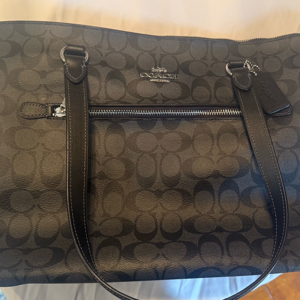 Coach Zip Tote Monogram Logo Black Leather NWOT